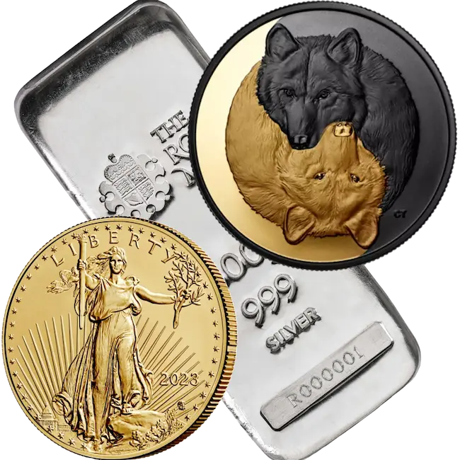 An American Gold Eagle Head and a 2023 Royal Mint CA The Grey Wolf Coin on top of a Royal Mint UK silver bar