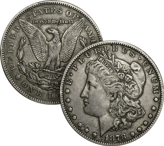 A Morgan Silver dollar obverse and reverse overlapping