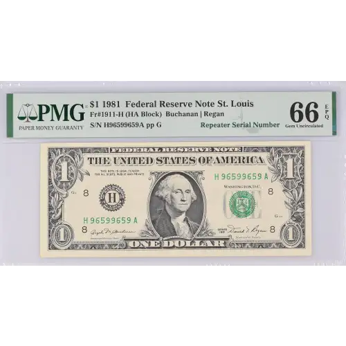 $1 1981 Green seal. Small Size $1 Federal Reserve Notes 1911-H (2)