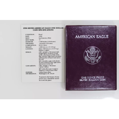 1990 S 1oz Silver Eagle  Proof - with Original Govt Packaging 