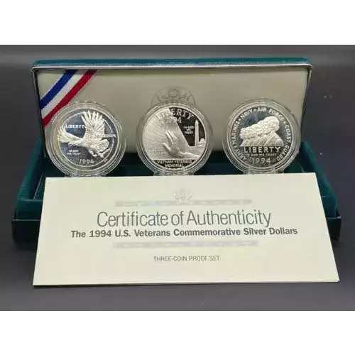 1994 U.S. Veterans - Three Coin Set - Proof - POW, Vietnam & Women in Military Service Silver Dollars - Box & COA