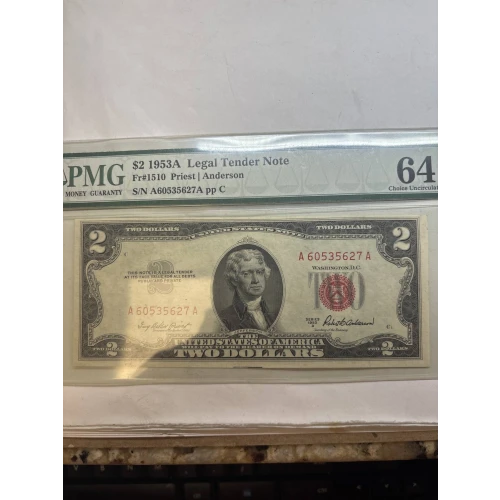 $2 1953-A red seal. Small Legal Tender Notes 1510