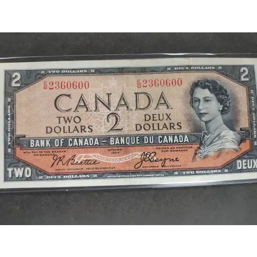 2 Dollars 1954, 1954 'Devil's Face Hairdo' Issue b. Signature Beattie -Coyne Bank of Canada 67 (3)
