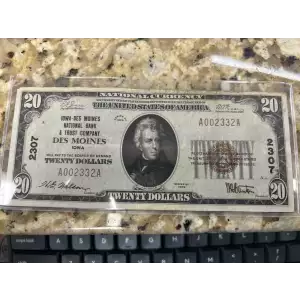 $20 1929 small brown seal. Small National Bank Notes 1802-2