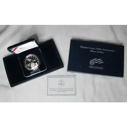 2005 Marine Corps 230th Anniversary Proof Silver Dollar - Box & COA