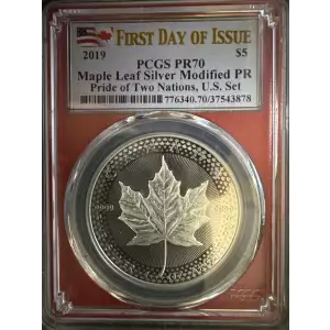 2019 $5 Maple Leaf Silver Modified PR Pride of Two Nations, U.S. Set First Day of Issue