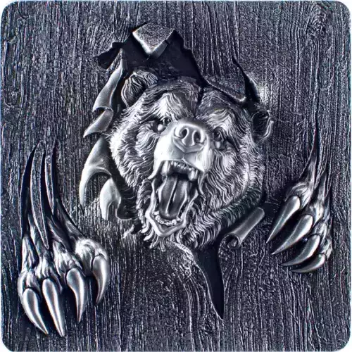 2024 Komsco Furious Beasts Series Grizzly Bear Stacker 2 oz Antique Silver (2)