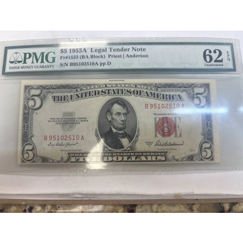 $5 1953-A red seal. Small Legal Tender Notes 1533