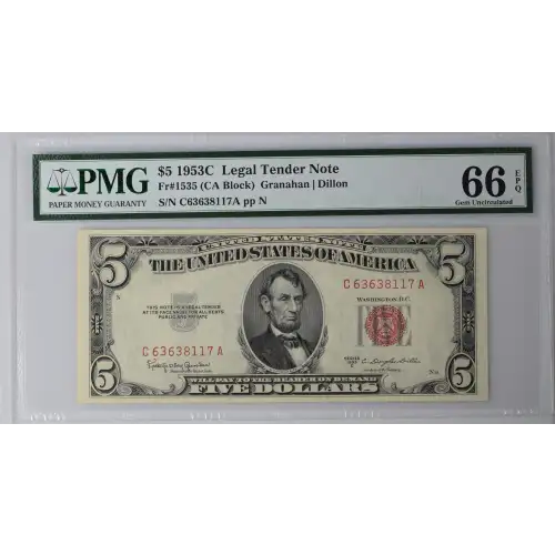 $5 1953-C red seal. Small Legal Tender Notes 1535 (2)
