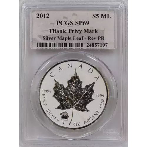 Canadian Silver Maple Leaf, 1 troy ounce fine silver. Titanic privy mark on obverse.