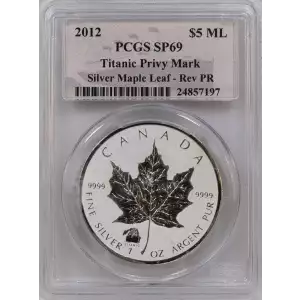 Canadian Silver Maple Leaf, 1 troy ounce fine silver. Titanic privy mark on obverse.