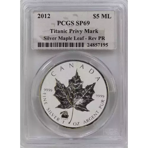 Canadian Silver Maple Leaf, 1 troy ounce fine silver. Titanic privy mark on obverse.