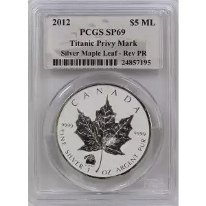 Canadian Silver Maple Leaf, 1 troy ounce fine silver. Titanic privy mark on obverse.