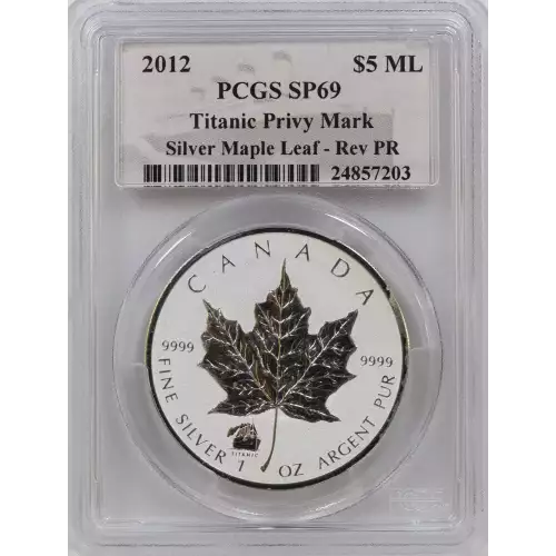 Canadian Silver Maple Leaf, 1 troy ounce fine silver. Titanic privy mark on obverse.