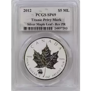 Canadian Silver Maple Leaf, 1 troy ounce fine silver. Titanic privy mark on obverse.