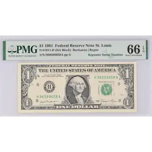 $1 1981 Green seal. Small Size $1 Federal Reserve Notes 1911-H (2)